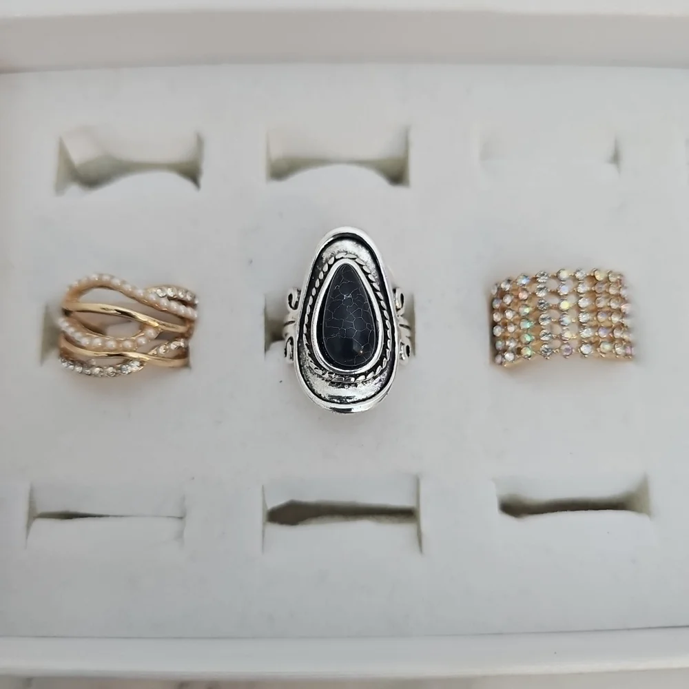 3pc Ring Set Black Stone Silver Gold Rhinestone Pearl Casual Cocktail
